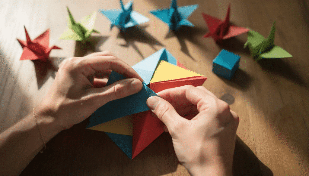 The image shows hands skillfully folding colorful squares of paper on a wooden table surrounded by various origami models and origami books suggesting a creative atmosphere for a group or club focused on practicing and learning new folding techniques