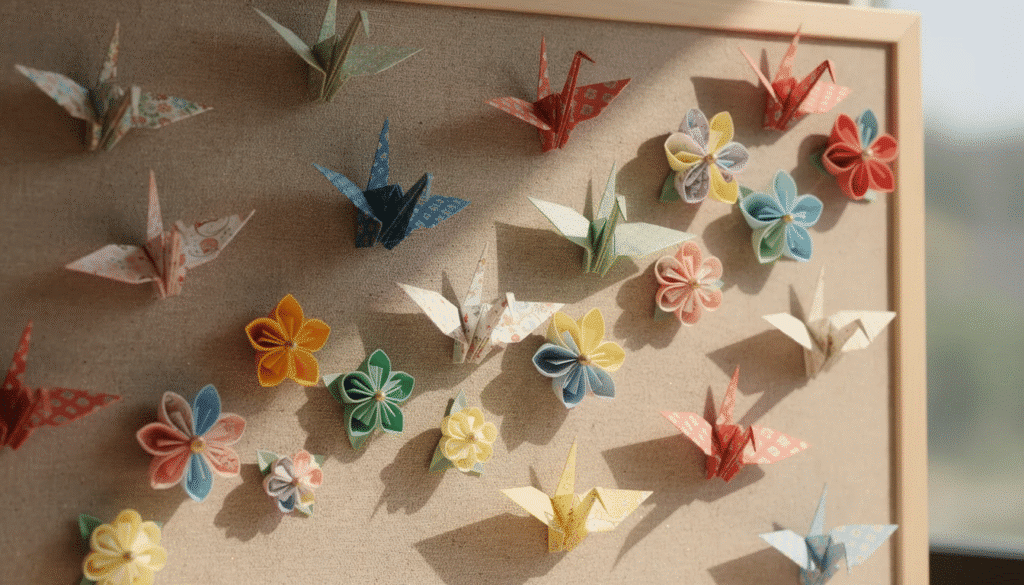 A vibrant display board showcases a variety of colorful mounted origami models including cranes and flowers created by members of an origami club The board features instructions and symbols that guide children in folding techniques and planning their own origami projects