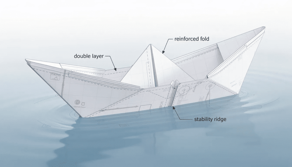 The image showcases a strong paper boat design made from a single sheet of folded paper demonstrating the hull shape that allows it to float effectively in water It highlights techniques for reinforcing seams to prevent weak spots making it suitable for younger kids to experiment with buoyancy and problem solving under adult supervision