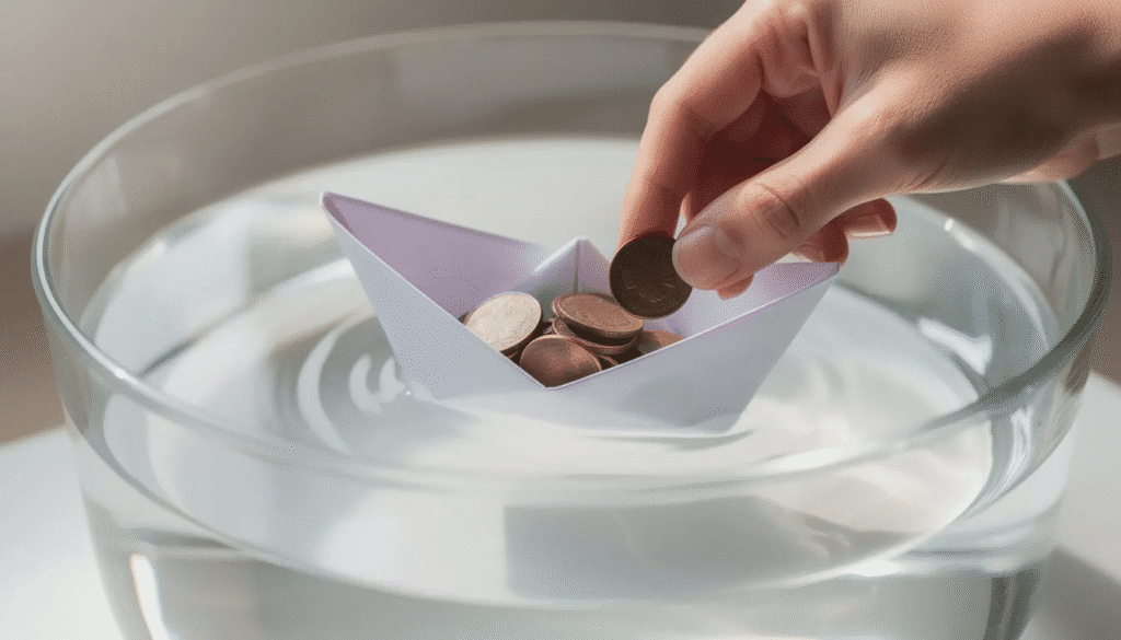 A close up image shows hands carefully placing small copper coins into a paper boat floating in a clear container of water demonstrating the principles of buoyancy and the boat's shape. The scene highlights fine motor skills and encourages creativity in crafting, as the paper boat is designed to stay afloat while carrying weight.