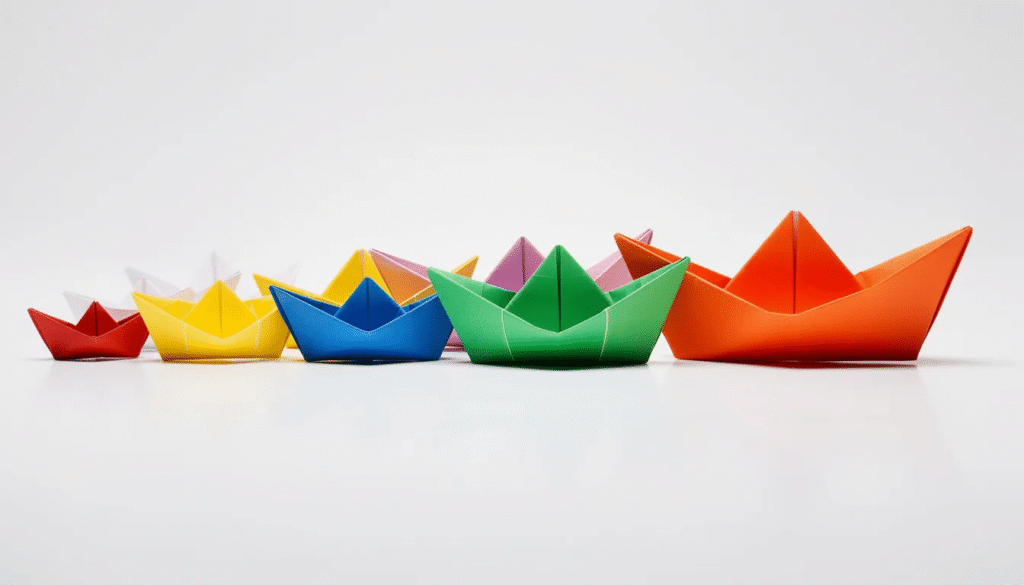 The image features a vibrant row of colorful origami paper boats in various sizes and styles showcasing their unique hull shapes and folded paper designs These boats made from one sheet of paper highlight the creativity and fine motor skills involved in origami inviting younger kids and older kids alike to explore the art of making paper boats that can float and stay afloat in water