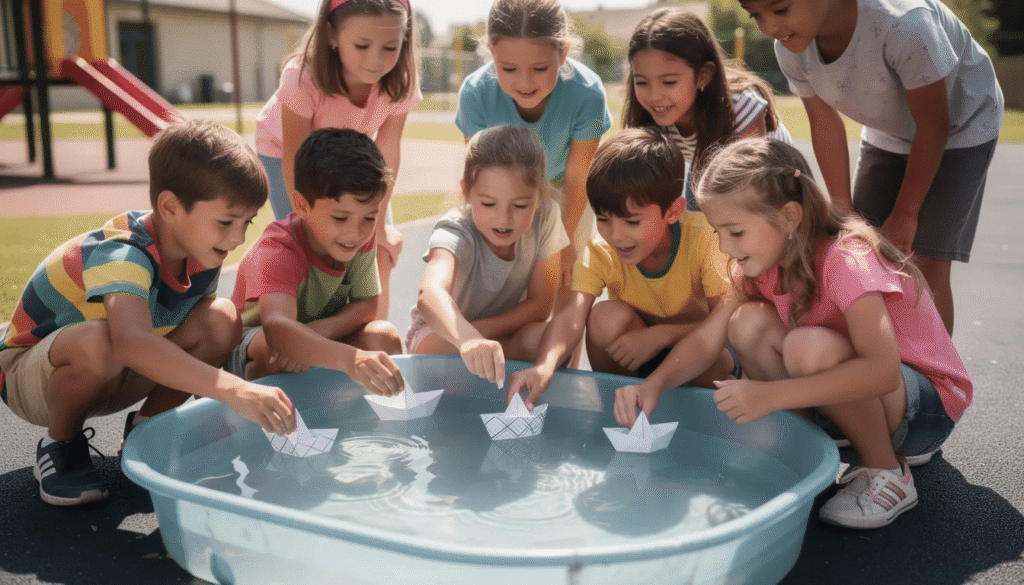 A group of children including younger kids and older kids are gathered around a large plastic tub filled with water eagerly testing their handmade paper boats to see which designs can stay afloat The scene showcases their creativity and problem solving skills as they experiment with different hull shapes and techniques reinforcing seams and observing the effects of buoyancy