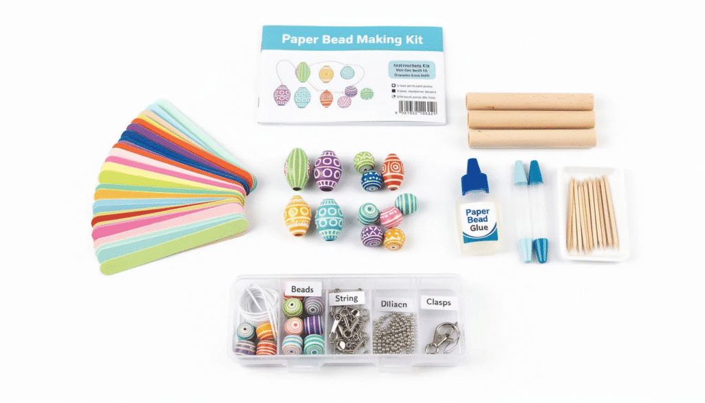 Image The image shows a colorful paper bead making kit including various paper strips a bead maker and a bead winder all neatly arranged in a box This fun kit is designed for both kids and adults to create unique recycled paper beads for jewelry such as necklaces using simple tools and supplies