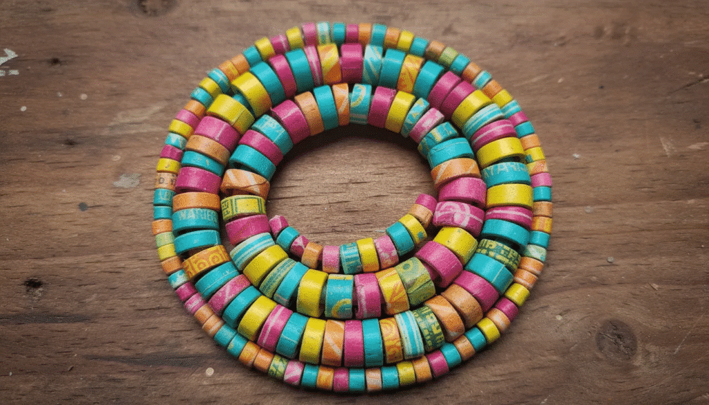 Image A vibrant arrangement of colorful handmade paper beads crafted from recycled paper strips spirals elegantly on a wooden surface showcasing the fun and creativity of bead making These unique beads can be used to create beautiful jewelry pieces like necklaces adding a personal touch to any collection