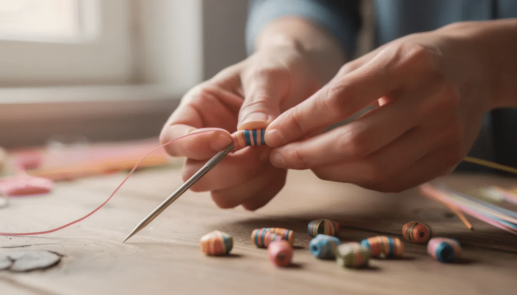 Image A pair of hands skillfully use a bead maker tool to roll colorful paper strips into small paper beads showcasing the fun process of creating unique jewelry from recycled materials The vibrant beads are perfect for making necklaces and other crafts