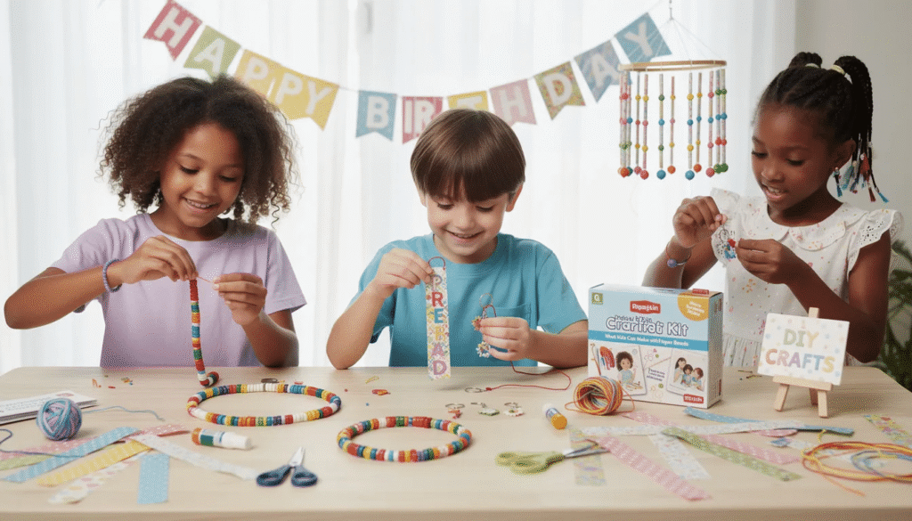 Image The image showcases a colorful paper bead making kit featuring various supplies such as paper strips a bead maker and a bead winder all neatly arranged in a box Kids can use these tools to create vibrant jewelry and decorations from recycled paper sparking creativity during activities like birthday parties or classroom projects