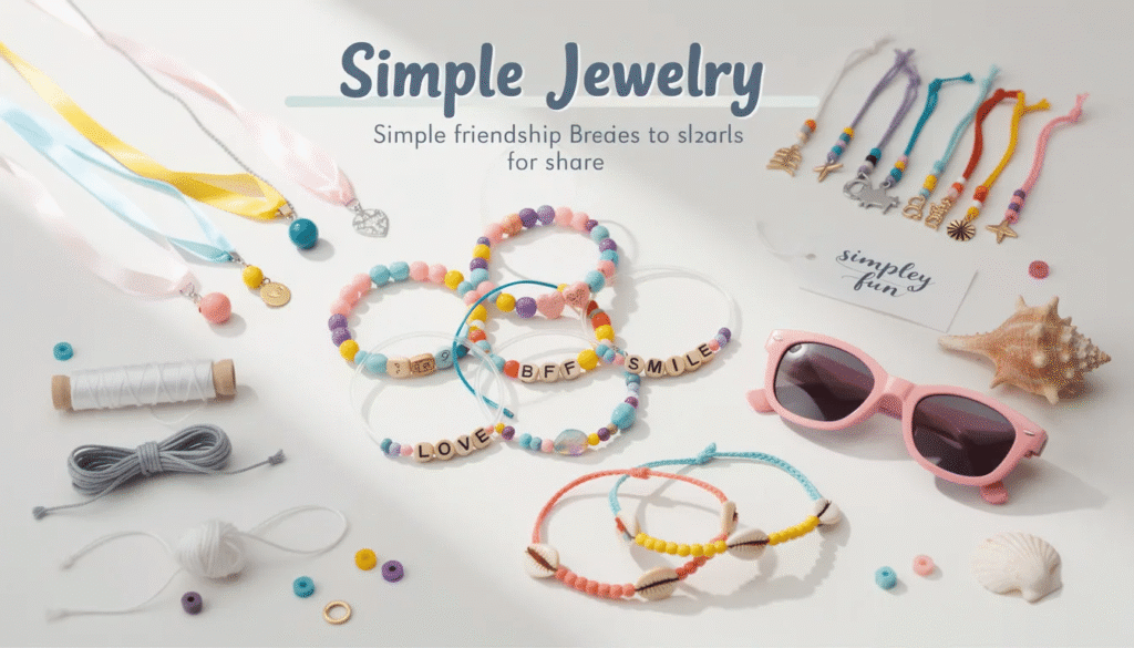 Image The image showcases a variety of simple jewelry pieces including colorful stretchy bracelets made with elastic cord necklaces crafted from cotton string or ribbon and playful anklets perfect for summer fun There are also friendship bracelets designed for sharing highlighting the fun and creativity involved in making personalized jewelry