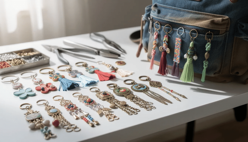 Image The image features a collection of advanced accessories including colorful dangly earrings made with jump rings and findings bag charms keyrings and zipper pulls for backpacks and jackets These items showcase creative uses of recycled materials perfect for jewelry enthusiasts and kids looking to explore fun crafting projects