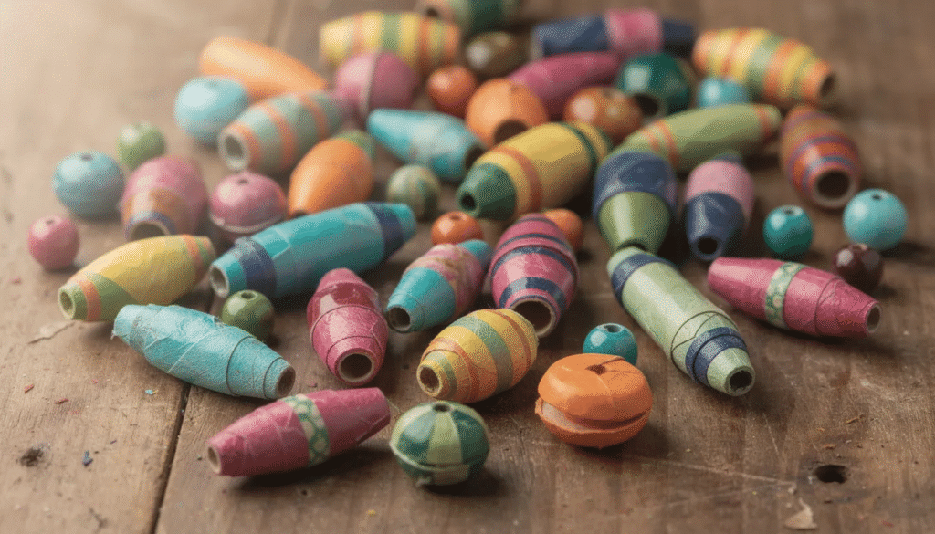 Image The image features a vibrant assortment of handmade paper beads in various shapes including round and teardrop forms scattered across a rustic wooden table These colorful beads made from strips of paper showcase the creativity involved in making paper bead jewelry inviting viewers to explore DIY projects and free paper bead templates