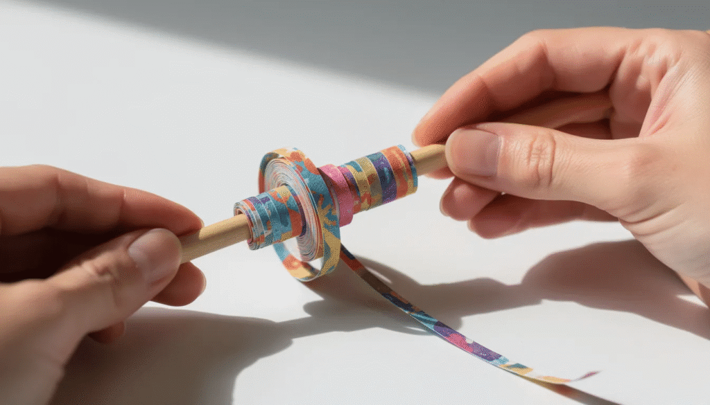 Image The image shows hands skillfully rolling a colorful paper strip around a wooden skewer to create a round paper bead a fun DIY project for making paper bead jewelry The vibrant strips suggest a transformation process where simple paper becomes cute little beads ready for crafting