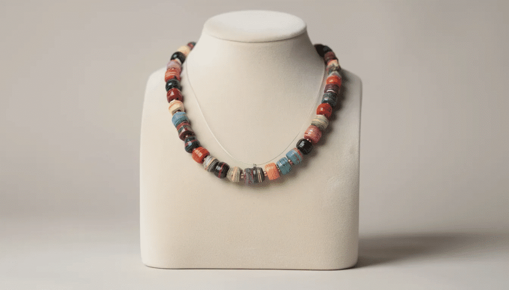 Image An elegant necklace made from colorful paper beads is displayed on a jewelry stand showcasing a variety of round and teardrop shapes that highlight the beauty of DIY paper bead jewelry The vibrant colors and patterns of the beads reflect the creativity involved in making paper beads from strips of paper making it a delightful accessory