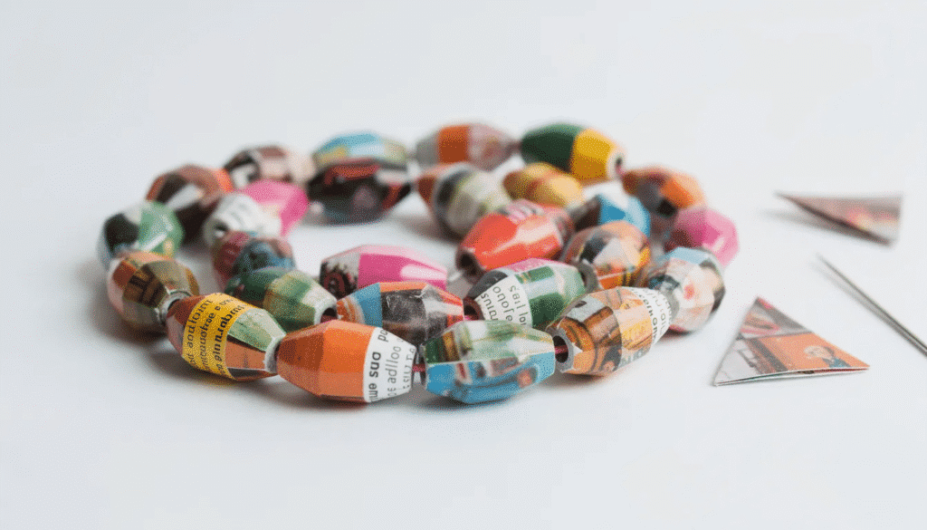 Image The image showcases a collection of beautiful paper beads made from colorful strips of wrapping paper and old magazines demonstrating various shapes and sizes Some beads are coated with a thin layer of clear nail polish for added shine while others are still in the process of being rolled tightly highlighting a fun craft project for making jewelry like bracelets and necklaces