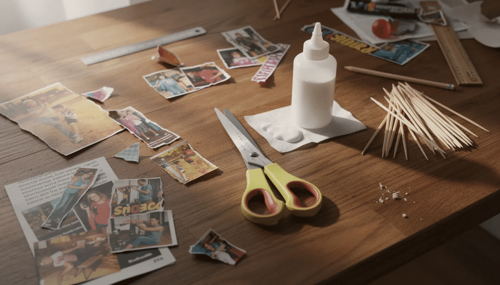 Image The image features an assortment of craft supplies on a wooden table including scissors glue colorful magazine pages and toothpicks ideal for making beautiful paper beads This arrangement encourages creativity for projects like jewelry such as bracelets and necklaces using strips from old magazines or junk mail