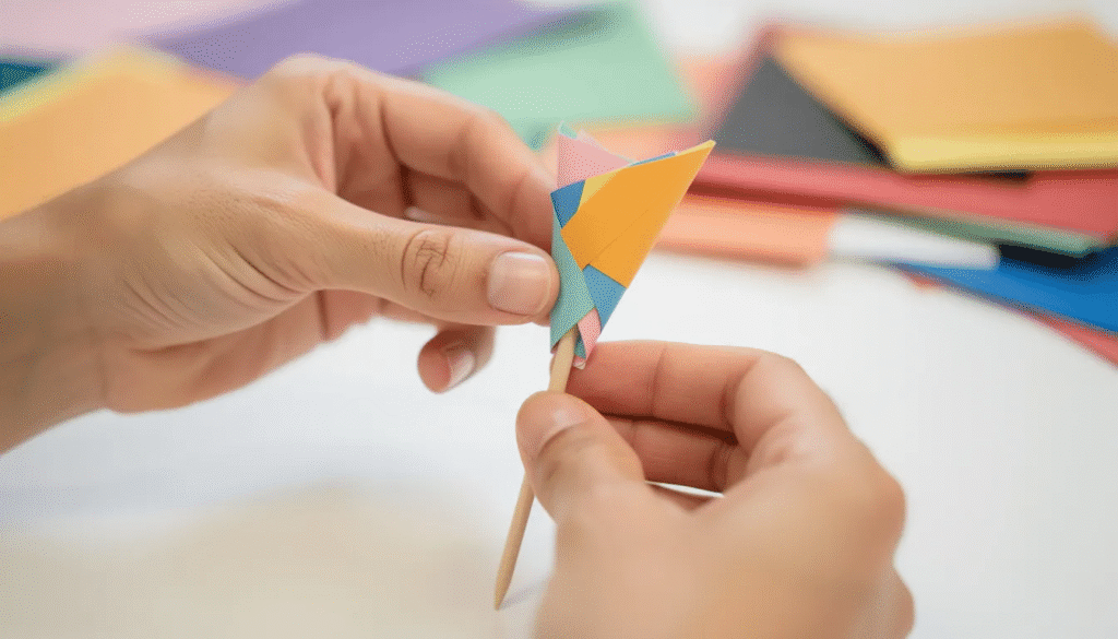 Image A close up view of hands skillfully rolling a colorful paper triangle around a wooden toothpick creating a beautiful paper bead The vibrant patterns of the paper strip are visible showcasing the fun and creative process of making beads for jewelry projects