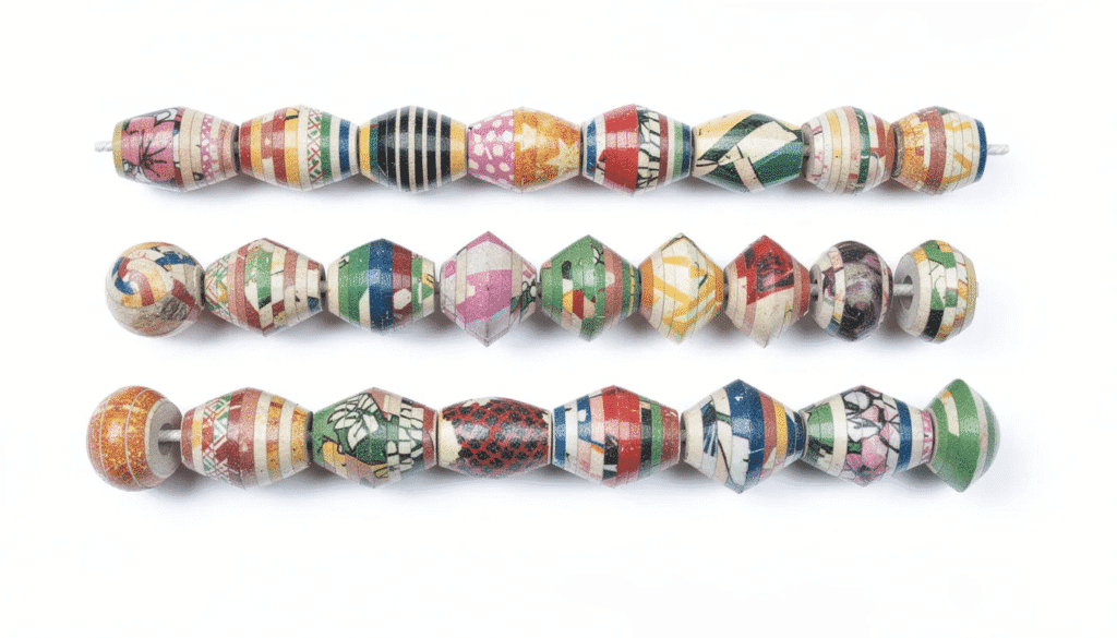 Image A variety of beautiful paper beads in different shapes and sizes including barrel bicone and oval are neatly arranged in rows These colorful beads made from strips of wrapping paper and old magazines showcase the creativity involved in making beads for jewelry projects like bracelets and necklaces