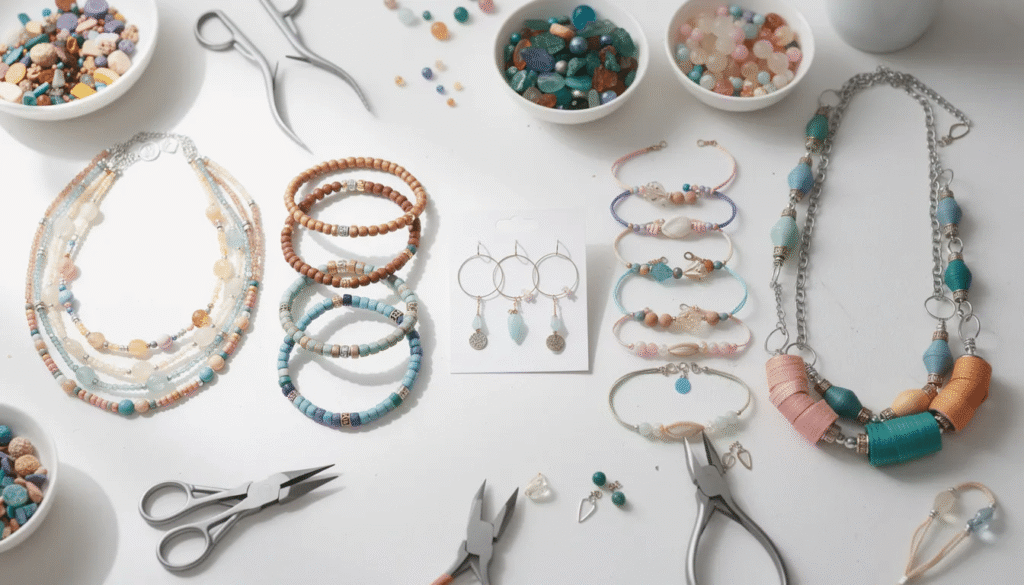 Image The image showcases a variety of jewelry projects including multi strand necklaces made with beautiful paper beads of different sizes stacking bracelets in coordinating color families lightweight earrings and anklets crafted from elastic cord for summer wear Additionally there are statement pieces that creatively mix paper beads with metal findings highlighting the versatility of using materials like old magazines and wrapping paper in jewelry making