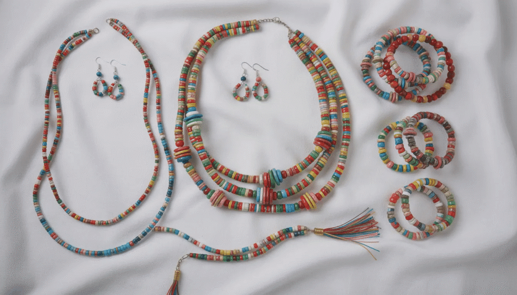 Image A vibrant collection of paper bead jewelry including necklaces bracelets and earrings is elegantly arranged on a soft white fabric background The beautiful paper beads made from colorful strips of wrapping paper and old magazines showcase various shapes and patterns highlighting the creativity involved in making beads for a fun craft project