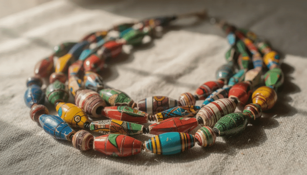 Image A close up photograph showcases vibrant multi strand necklaces made from hand rolled African paper beads beautifully arranged on natural linen fabric The colorful beads reflect the creativity of women artisans in Uganda highlighting the sustainability and craftsmanship involved in creating these unique pieces of jewelry
