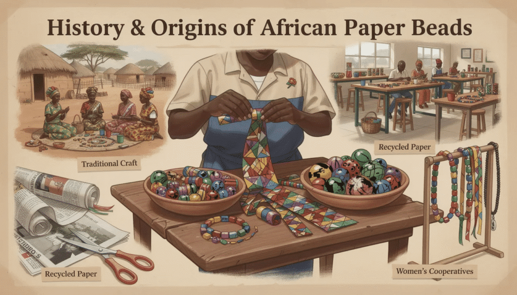 Image The image depicts a vibrant collection of Ugandan paper beads showcasing various shapes and colors hand rolled by women artisans These recycled paper beads are crafted with creativity and sustainability in mind often made from repurposed materials and are used to create beautiful jewelry items like necklaces and bracelets