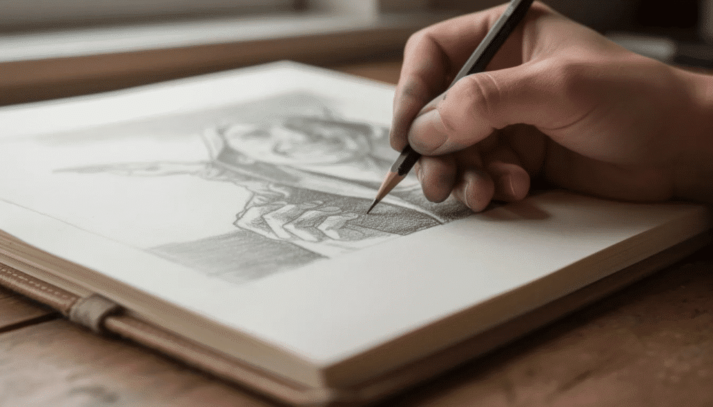 A close up view captures an artist's hand gripping a graphite pencil, poised above a bound sketchbook as they engage in fine art drawing. The image highlights the texture of the pencil and the paper, showcasing the intimate connection between the artist and their sketching technique.