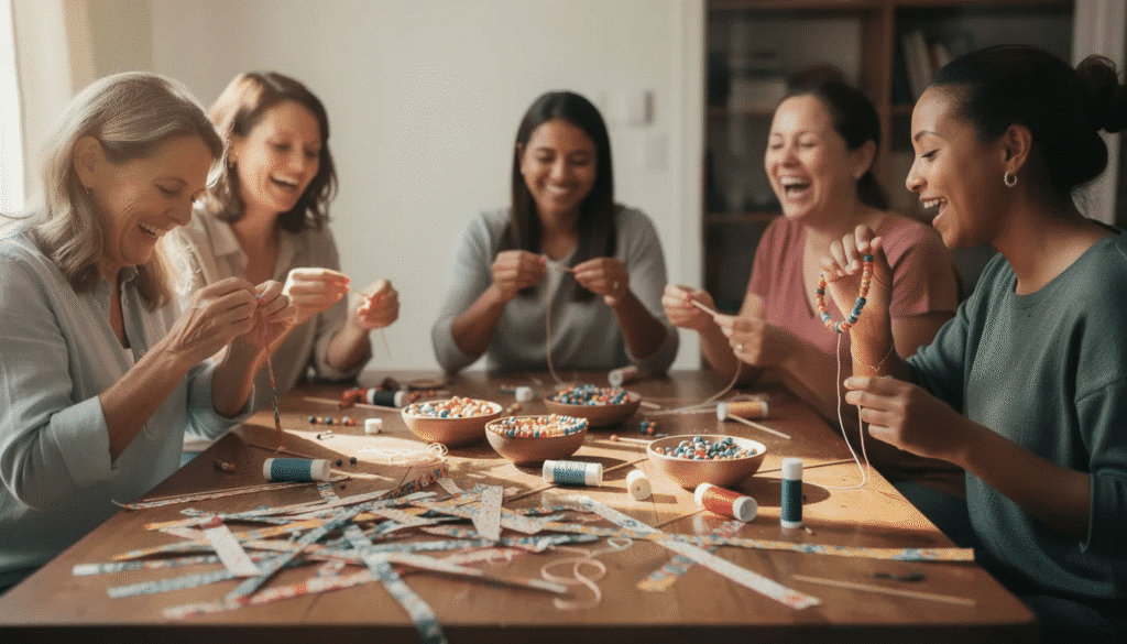 Image A group of women artisans sits together at a table joyfully rolling colorful recycled paper beads while sharing laughter and creativity They are hand rolling various shapes of Ugandan paper beads which will be used to create beautiful jewelry like necklaces and bracelets showcasing their craftsmanship and community spirit