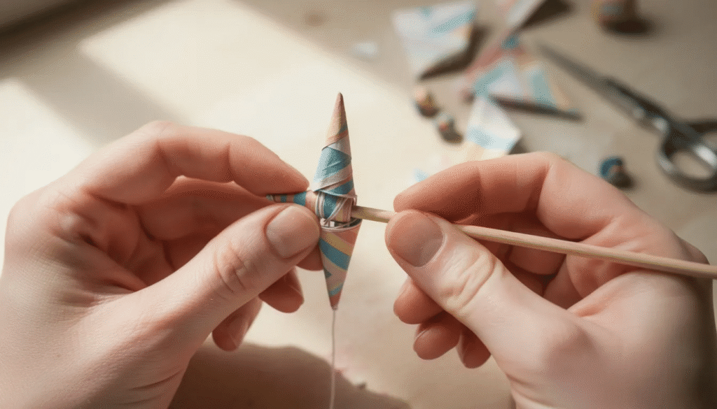 Image A pair of hands skillfully rolls a colorful triangle of recycled paper tightly around a thin wooden stick creating a vibrant paper bead This hand rolled craft showcases the creativity of women artisans in Uganda contributing to sustainable jewelry making