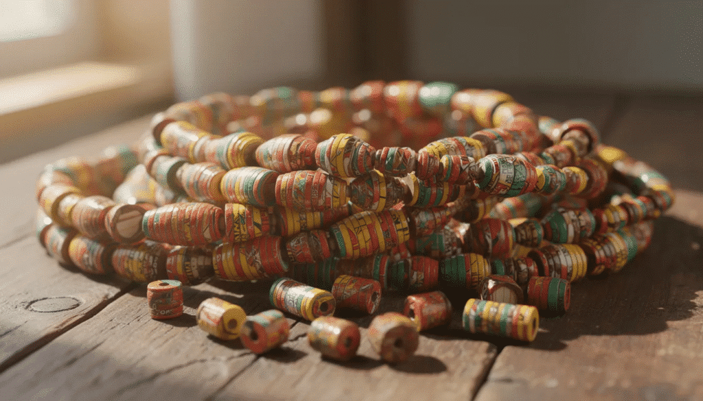 Image The image showcases a vibrant collection of African style paper beads hand rolled by women artisans from Uganda These colorful recycled paper beads are crafted into unique shapes and sizes perfect for creating beautiful jewelry such as necklaces and bracelets highlighting creativity and sustainability within the community