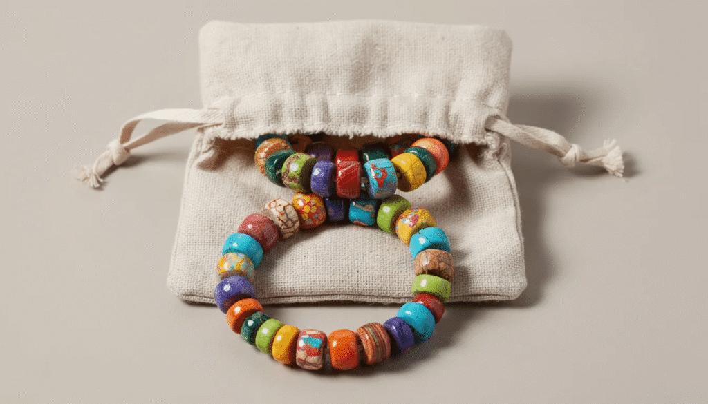 Image The image features a vibrant assortment of colorful paper bead bracelets hand rolled from recycled paper neatly arranged inside an open fabric jewelry pouch These Ugandan paper beads showcase the creativity of women artisans and highlight the sustainable crafts that support families and communities
