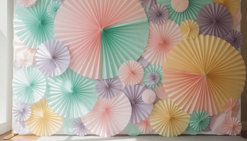 The image features a stunning wall backdrop made of overlapping tissue paper fans in various sizes and pastel colors creating a festive atmosphere perfect for a baby shower or birthday party The decorative paper fans are arranged in a visually appealing pattern showcasing different shapes and hues that add charm to the venue