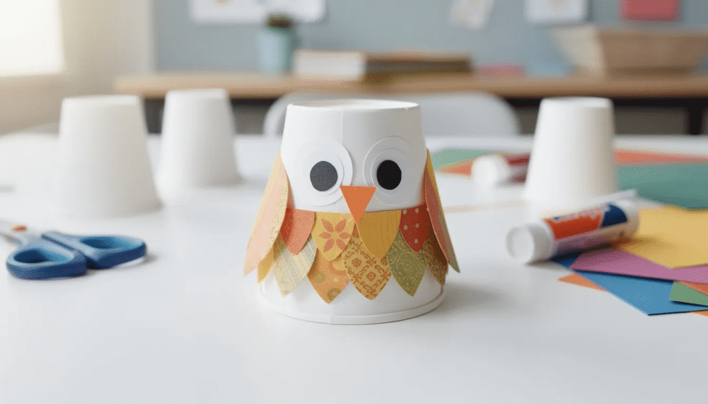The image features a colorful paper cup owl craft made from paper cups adorned with googly eyes yarn wrapped wings and a cute beak showcasing a fun and creative activity for kids and toddlers This simple craft is perfect for autumn parties helping to develop fine motor skills while creating an adorable owl