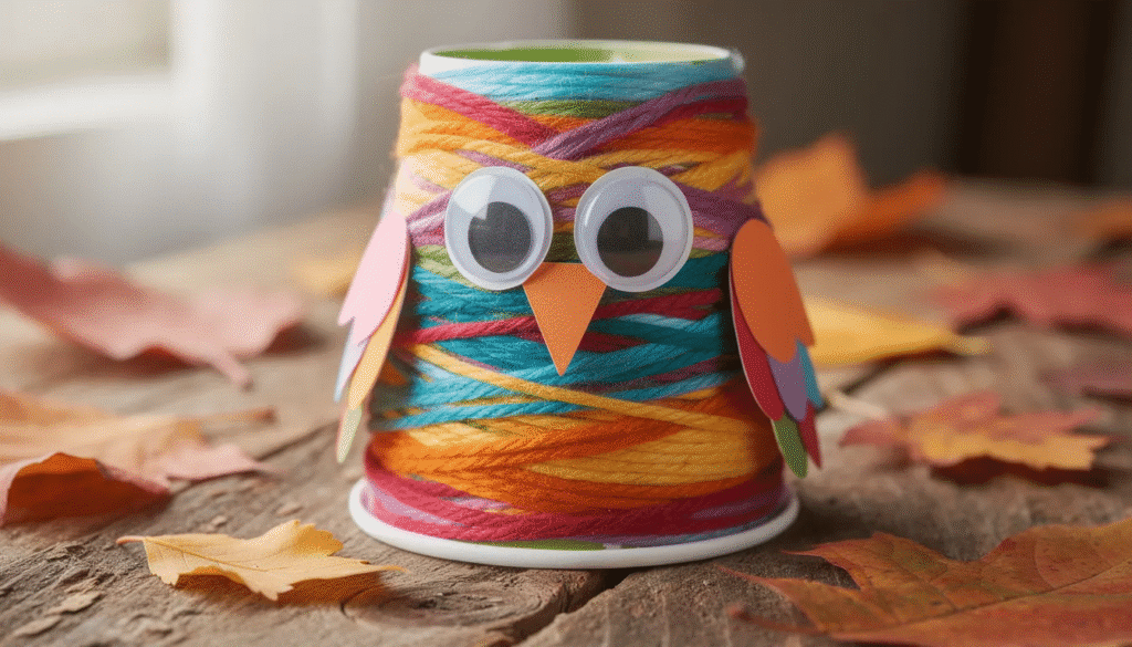 A colorful paper cup owl craft sits on a wooden surface decorated with yarn googly eyes and paper wings surrounded by vibrant autumn leaves This cute owl perfect for kids and toddlers showcases fine motor skills and creativity in crafting