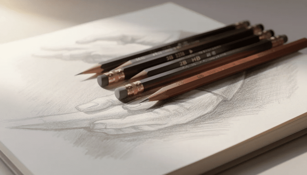 The image showcases a variety of graphite pencils ideal for sketchbooks including popular brands like Staedtler Mars Lumograph and Faber Castell  These drawing pencils come in different grades allowing artists to achieve a wide tonal range and create dark shadows or light textures in their fine art drawings