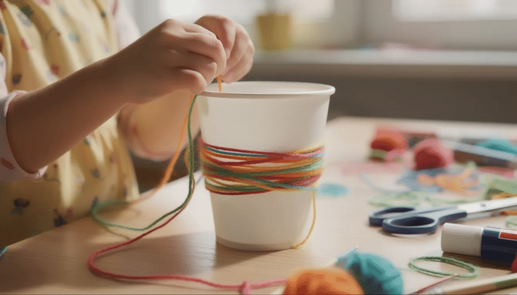 A child's hands are gently wrapping colorful yarn around a white paper cup, transforming it into a cute owl craft. The vibrant colors of the yarn and the focused expression on the child's face highlight the fun and creativity involved in this engaging activity, which helps develop fine motor skills.