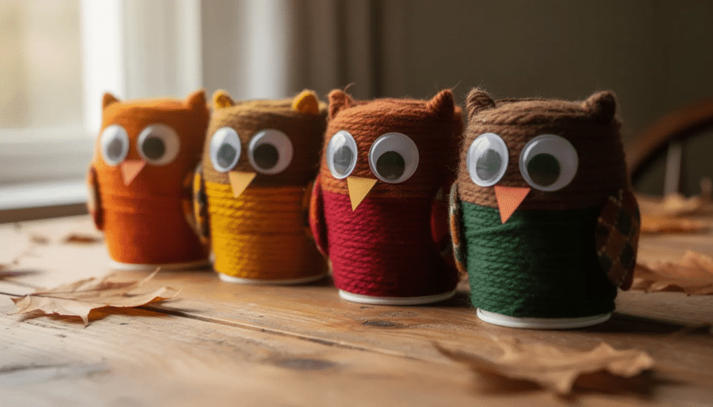 A row of colorful yarn wrapped paper cup owls in autumn hues of brown purple green and yellow each adorned with googly eyes and crafted wings showcases a fun and simple owl craft perfect for kids and toddlers These cute creations are ideal for enhancing fine motor skills while celebrating the vibrant colors of fall
