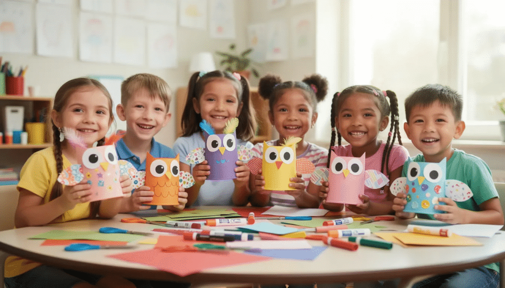 A group of children joyfully gathers around a table proudly displaying their colorful paper cup owl crafts adorned with googly eyes yarn wrapped bodies and cute wings This fun autumn activity showcases their fine motor skills as they share their creative designs made from paper cups and craft supplies