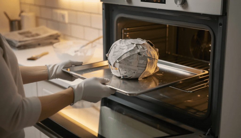 The image shows a home kitchen with a tray of wet paper mache crafted from thin strips of paper placed inside an oven set to a very low temperature for the drying process The scene illustrates the method of drying paper mache quickly while ensuring proper air circulation to avoid moisture buildup