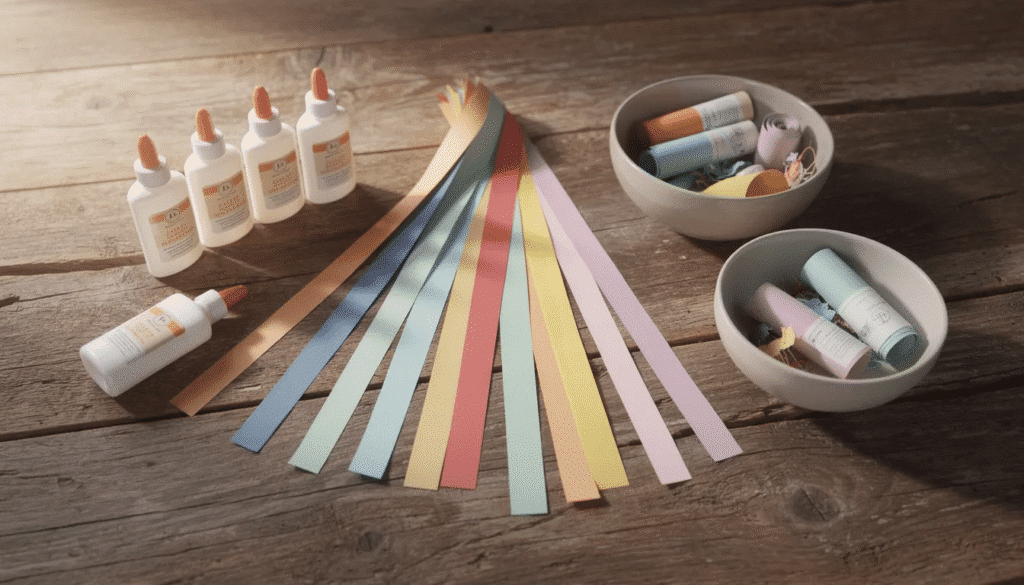 An assortment of crafting supplies is displayed on a wooden table featuring paper strips glue bottles and ceramic bowls which are essential for various projects like creating paper mache sculptures The materials are organized neatly highlighting the tools needed for the drying process of wet paper mache