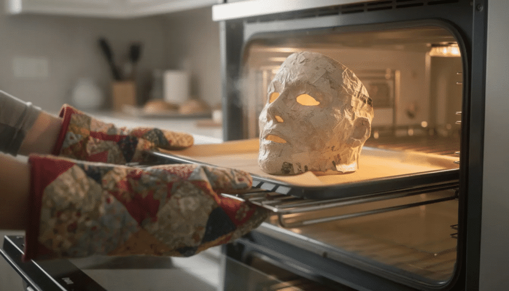A pair of hands wearing oven mitts is carefully removing a paper mache mask from the oven showcasing the drying process of the wet paper mache made from thin layers of paper strips and PVA glue The mask is taking shape ready for its final touches after the drying time at a very low temperature