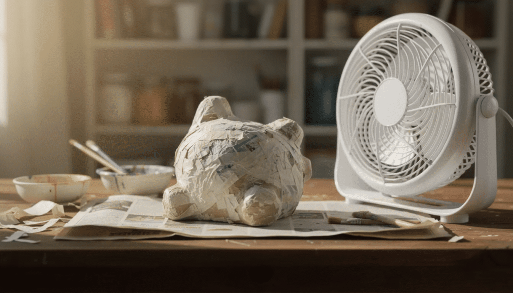 A box fan is positioned next to a paper mache sculpture drying on a table facilitating air circulation to speed up the drying process of the wet paper mache The sculpture is made from thin layers of paper strips coated in PVA glue and the fan helps reduce moisture for a fully dry final product