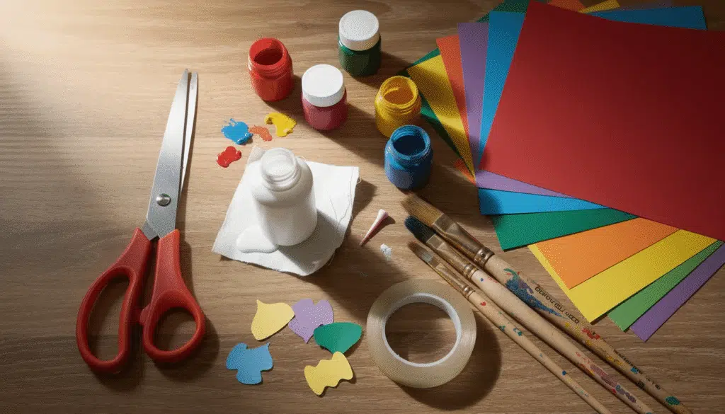 The image features a variety of craft supplies including scissors glue paint and colorful paper neatly arranged on a wooden table perfect for creating DIY paper letters or engaging in fun paper mache projects This inviting setup suggests a space for creativity and artistic expression