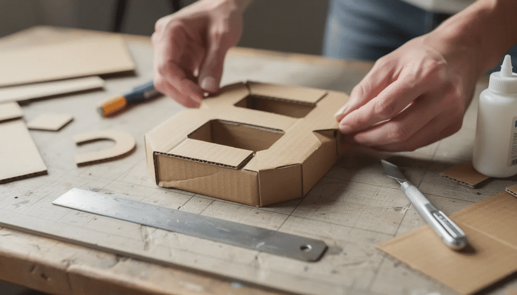 A pair of hands is carefully assembling a large three dimensional cardboard letter on a craft table surrounded by various crafting materials like cereal boxes and mod podge The scene captures the creative process of making DIY paper mache letters highlighting the fun and easy steps involved in decorating and shaping the letter
