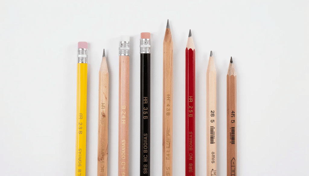 A collection of wooden graphite pencils is neatly arranged on a white surface showcasing various brand designs and grade markings such as HB B and softer grades The display highlights popular brands like Staedtler Mars Lumograph and Faber Castell emphasizing their suitability for fine art drawing and sketching techniques