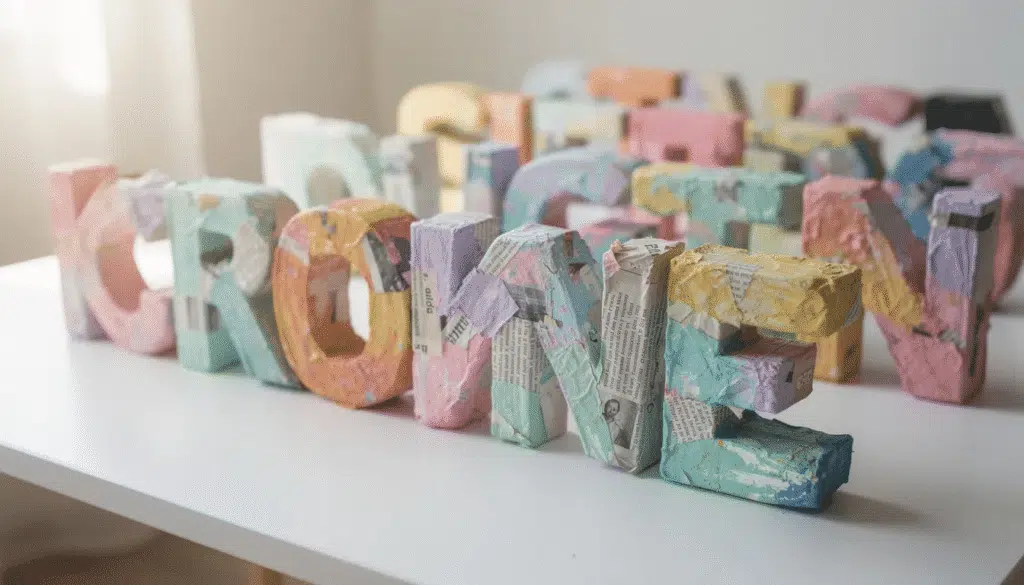 The image features large colorful paper mâché letters made from cereal boxes showcasing a fun DIY project perfect for decorating a classroom or wall space Each letter is covered in a thick layer of mod podge giving it a shiny finish and they are arranged in a playful manner inviting creativity and inspiration