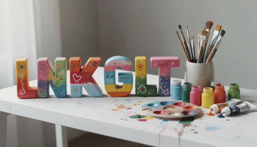 The image features colorful decorated D letters made from papier mâché displayed on a shelf alongside various paint supplies These large letters crafted from cereal boxes and covered in vibrant paint showcase creative DIY ideas perfect for adding personality to any space