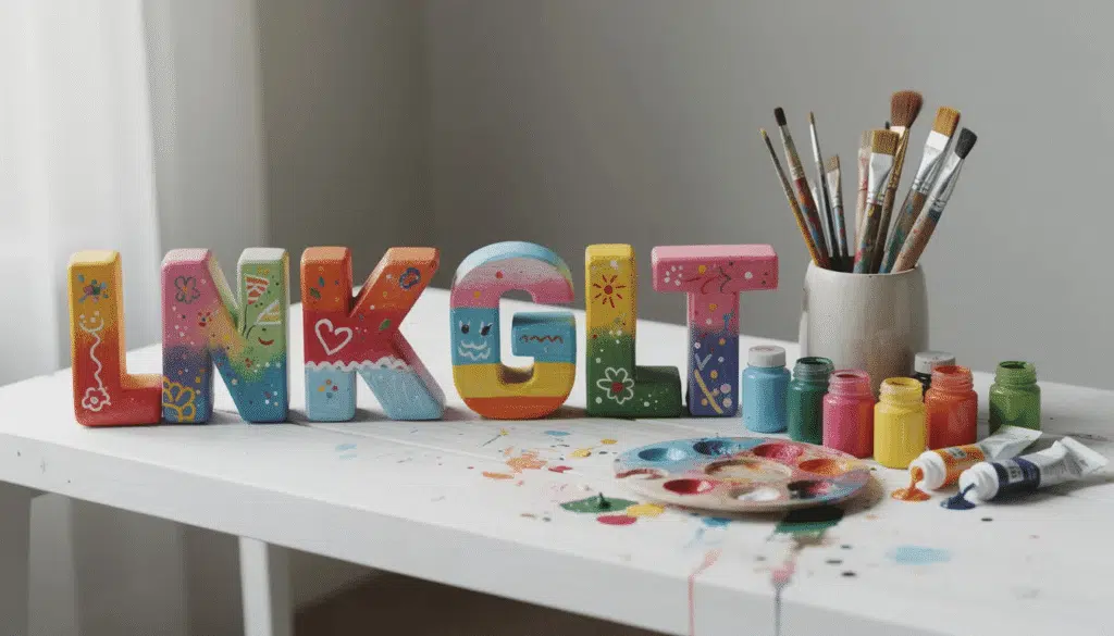 The image features colorful decorated D letters made from papier mâché displayed on a shelf alongside various paint supplies These large letters crafted from cereal boxes and covered in vibrant paint showcase creative DIY ideas perfect for adding personality to any space
