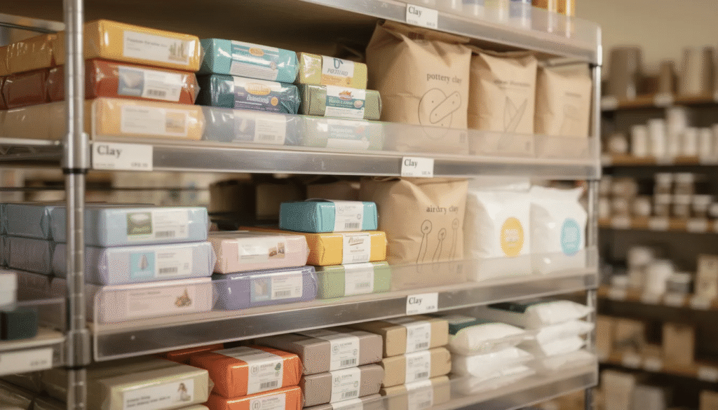 Image The image shows a variety of clay blocks and bags stacked neatly on shelving in an art supply store featuring options like paper clay and modeling clay ideal for ceramic artists and sculptors The bright white and medium textured clay bodies are ready for hand building tile work and other creative projects