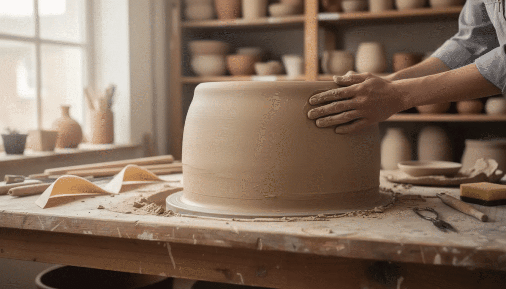 Image The image shows hands skillfully shaping a large ceramic vessel on a worktable in a pottery studio surrounded by various tools and moist clay This scene captures the artistry of ceramic artists engaging in hand building with a medium textured clay body showcasing the creative process of sculpting unique pieces