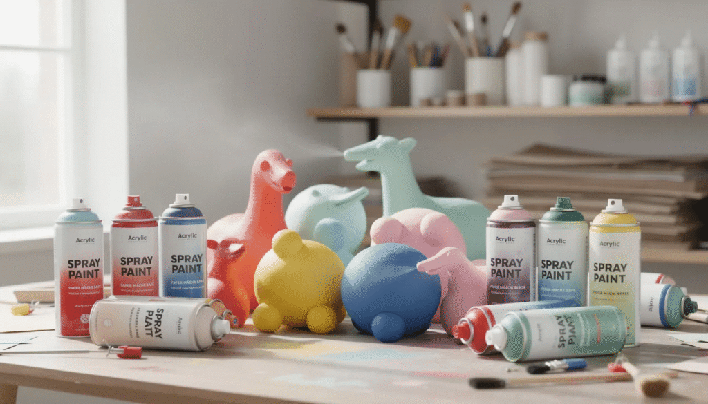 Image The image showcases various spray paints ideal for paper mache projects featuring both matte and glossy finishes It highlights the best quality spray paint options including acrylics and metallics arranged neatly on a table ready for artists to use in their creative process