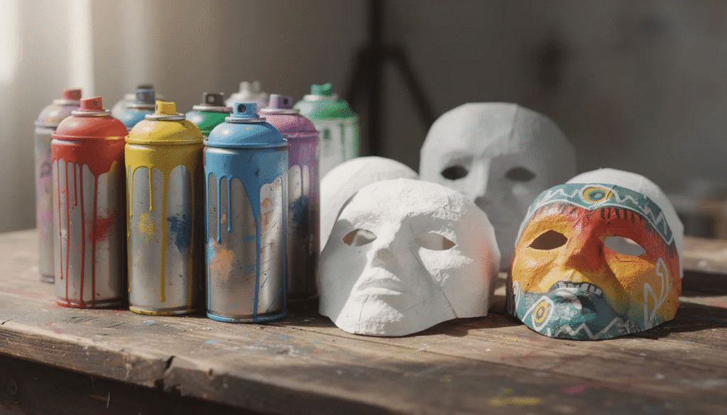 Image A close up view of several colorful spray paint cans showcasing various brands is arranged neatly on a wooden table next to intricately crafted paper mache masks The vibrant colors of the spray paint ideal for adding details and layers to art projects contrast beautifully with the rustic surface of the table
