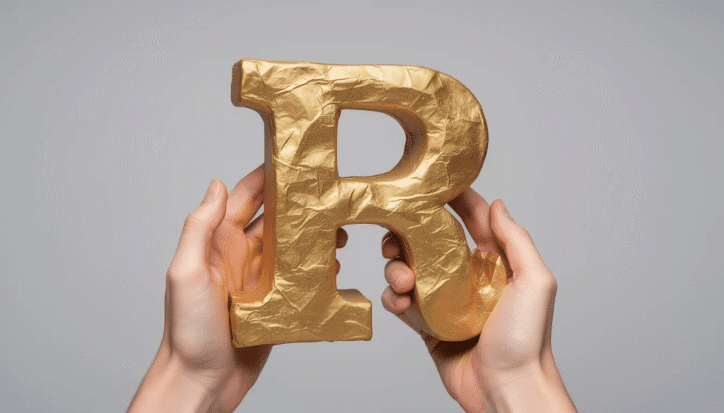 Image Two hands are holding a paper mache letter that is elegantly covered in a shiny gold metallic spray paint showcasing the smooth surface and vibrant finish The project reflects the use of high quality spray paint perfect for artists looking to add a touch of glamour to their creations